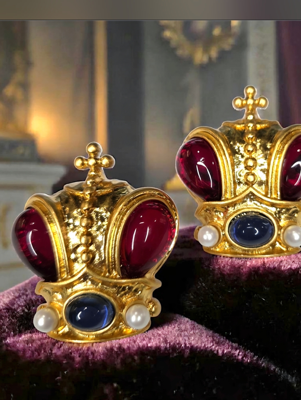 Queens Loot Matte Gold Royal Regal Maltese Cross Crown Glass Cab Chunky Earrings